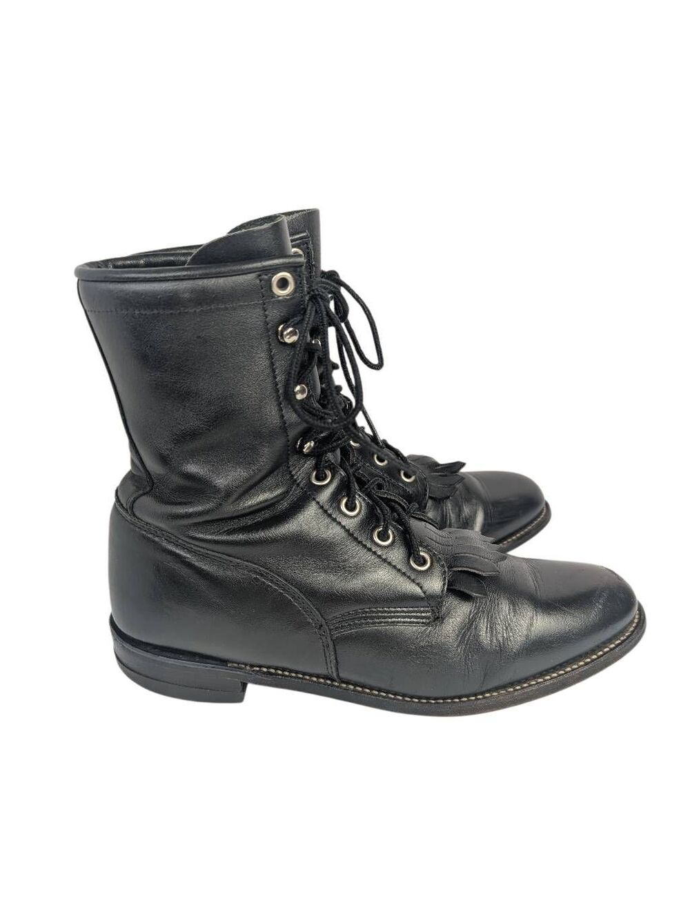 Vintage Justin L0506 Black leather kiltie fringe lace up combat boots womens 8